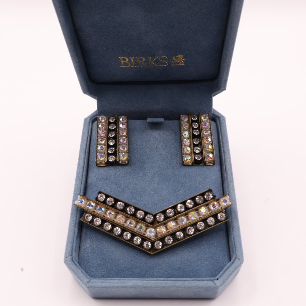 MCM Rhinestone Encrusted Brass Earrings & Brooch